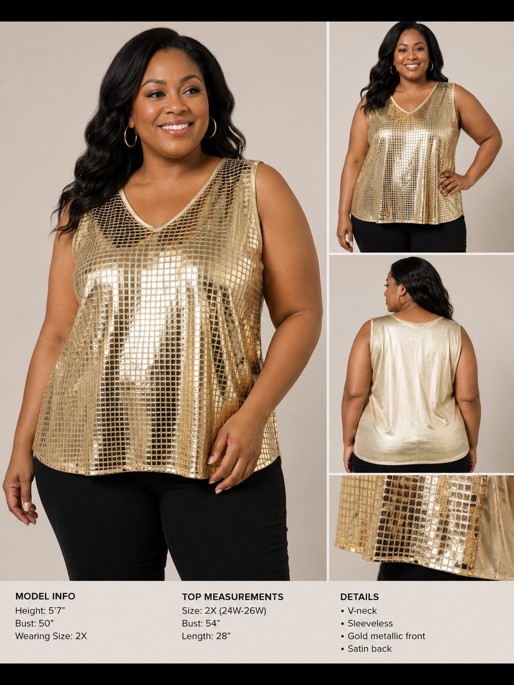 Russell Kemp Gold Metallic Reversible Tank Top NWT Plus Size 2X
